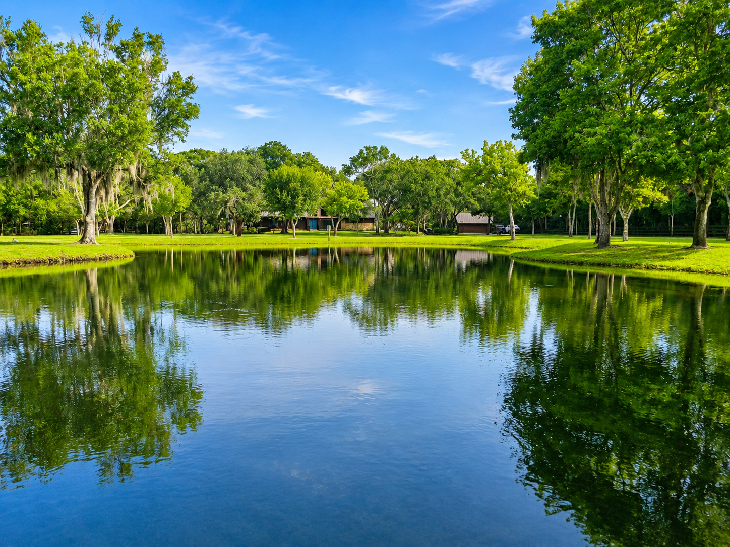 Still pond reflecting oaks and open lawn on the property