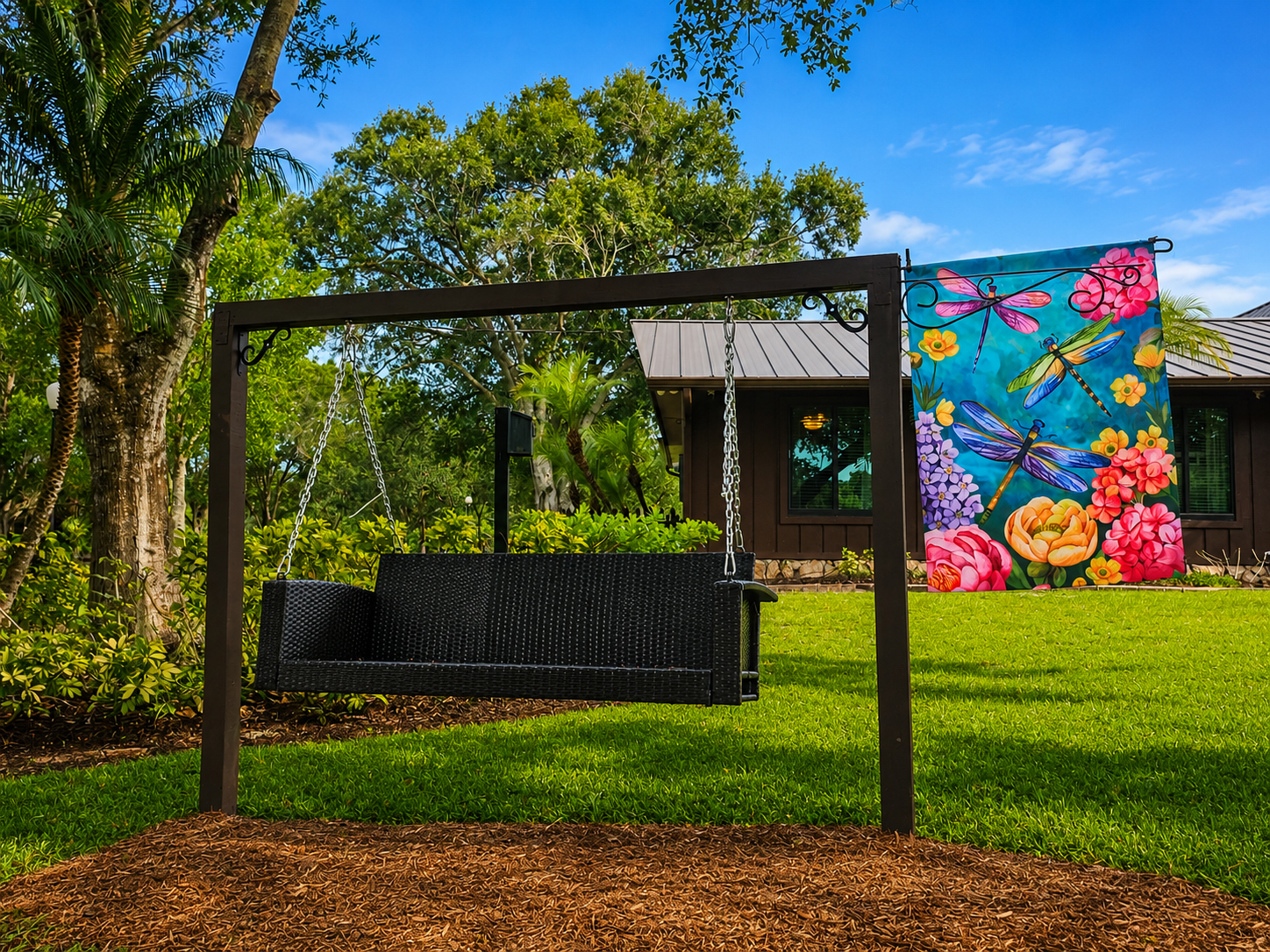 Porch swing set on the lawn beside the home