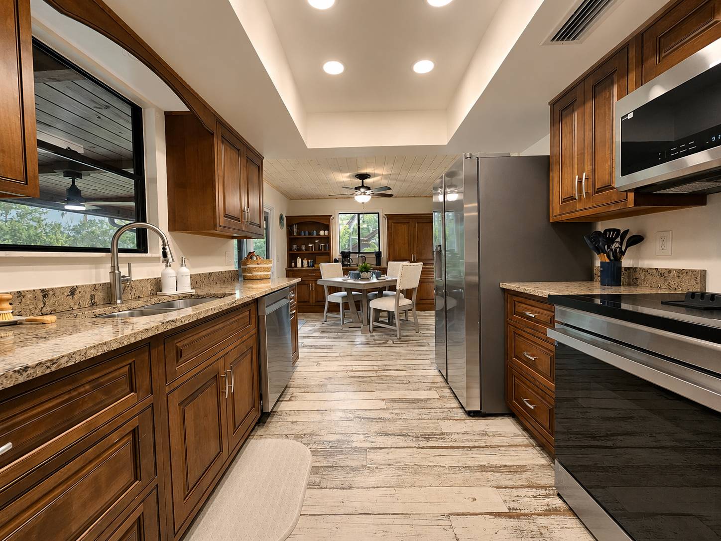 Full kitchen with granite counters and adjoining dining area