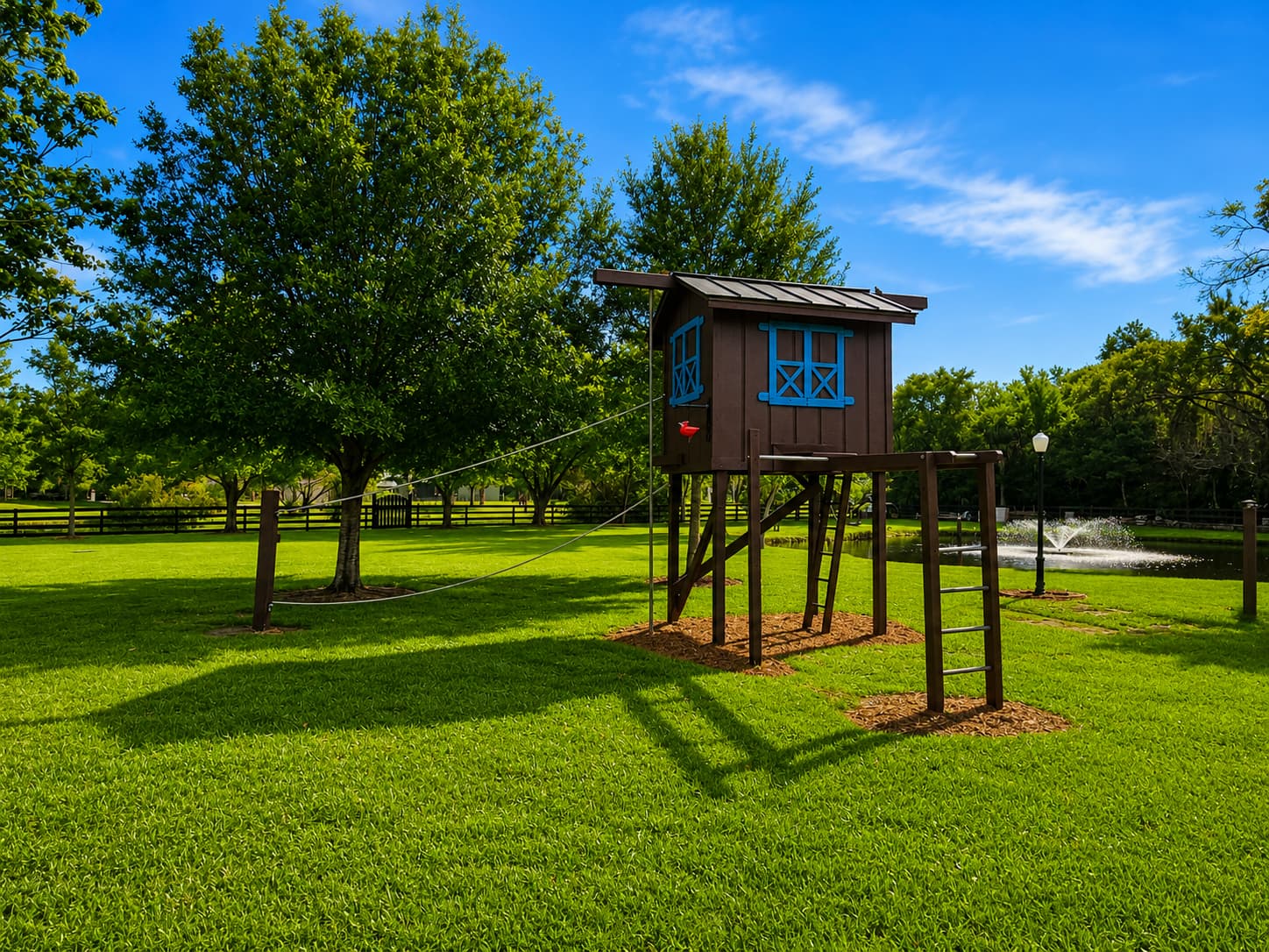 Children's playhouse with slide, ladder and zip line