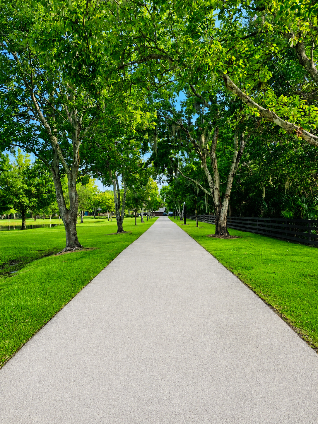 Tree-lined private drive leading up to the home